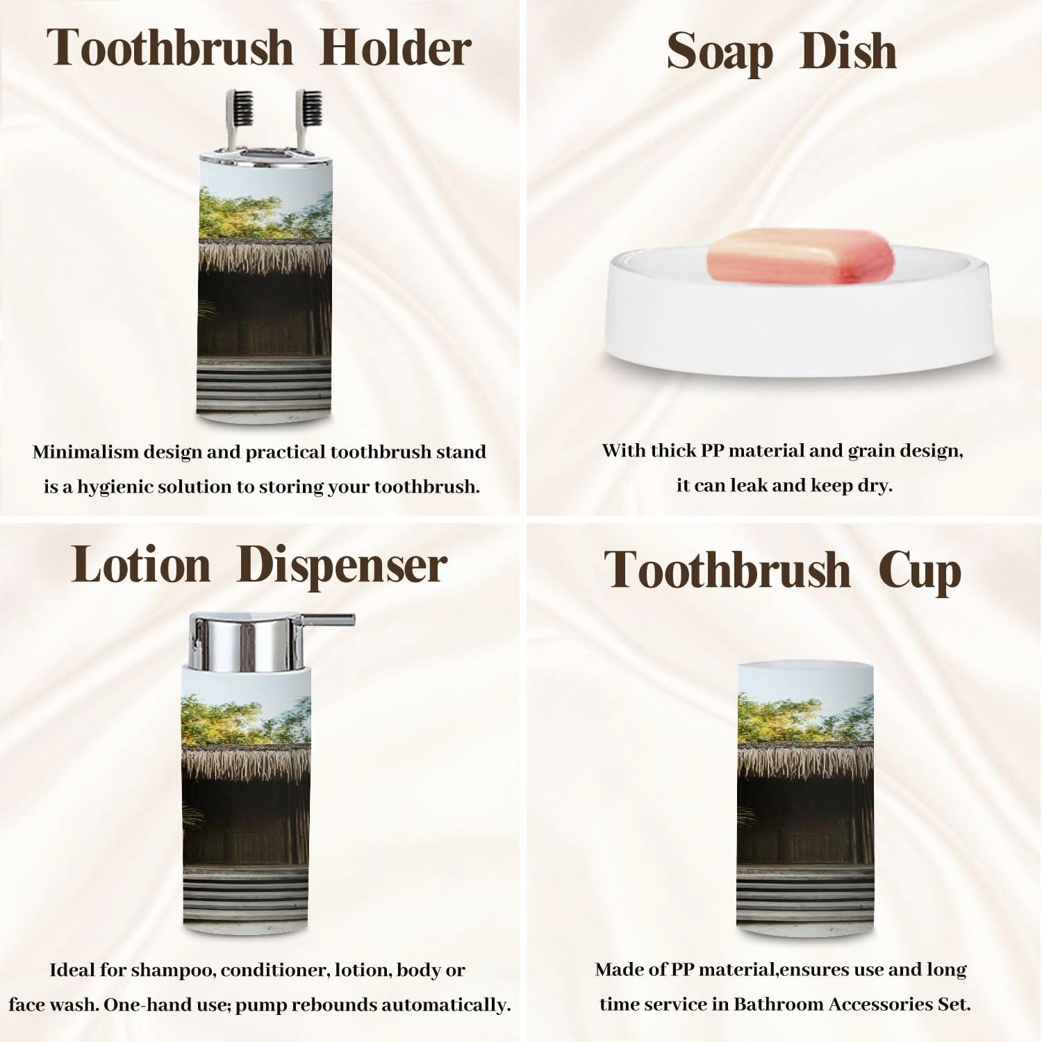 Bathroom Accessory Set 6 Pcs Eco Tourism Southeast Asia Toothbrush Holder, Soap Dispenser, Toothbrush Cup, Trash Can, Toilet Brush Holder for Rustic Decor