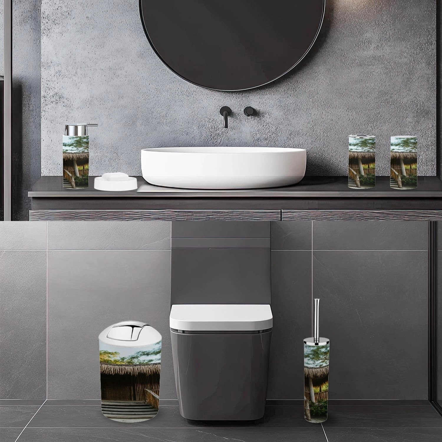 Bathroom Accessory Set 6 Pcs Eco Tourism Southeast Asia Toothbrush Holder, Soap Dispenser, Toothbrush Cup, Trash Can, Toilet Brush Holder for Rustic Decor