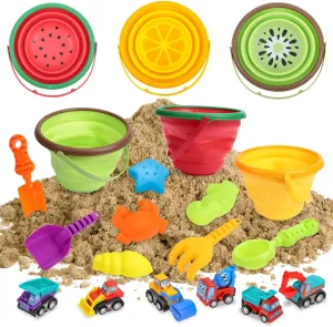 Beach Sand Toys Set for Kids, Silicone Collapsible Foldable Beach Bucket Travel Beach Toys for Summer Outdoor Camping and Fishing Tub with Sand Molds Shovels Rakes for Toddlers Boys Girls 2.5L 3PCS