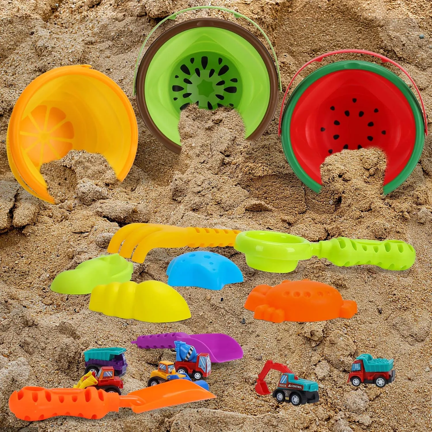 Beach Sand Toys Set for Kids, Silicone Collapsible Foldable Beach Bucket Travel Beach Toys for Summer Outdoor Camping and Fishing Tub with Sand Molds Shovels Rakes for Toddlers Boys Girls 2.5L 3PCS