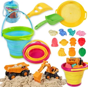 Beach Sand Toys,Sandbox Toys Set with 2 Collapsible Toy Buckets, 2 Dump Truck, Dinosaur Space Fruit Molds,Shovels, Mesh Bag,Summer Beach Essentials for Toddlers Kids Boys Girls Ages 3-10
