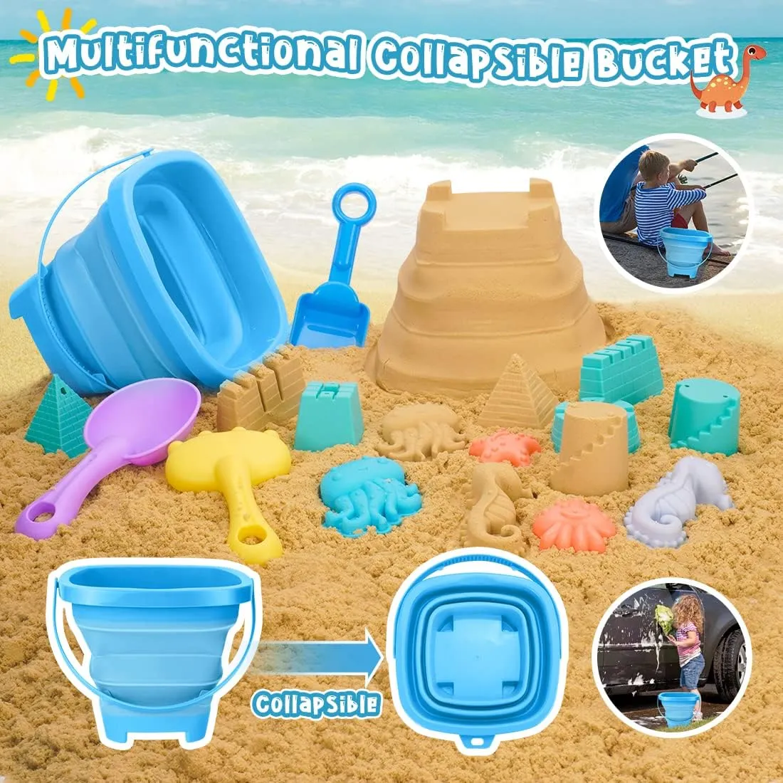 Beach Toys, 23Pcs Sand Toys with Dump Truck, Collapsible Beach Bucket, Sand Castle Building Kit, Sand Molds, Beach Shovel, Mesh Bag, Travel Outdoor Toys for Kids Ages 4-8