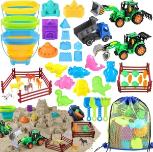 Beach Toys, Farm Playset, Sand Toys with Collapsible Beach Bucket, Take Apart Tractor, Sand Castle Building Kit, Farm Animals, Beach Shovel, Mesh Bag, Indoor Outdoor Toys for Kids Ages 4-8