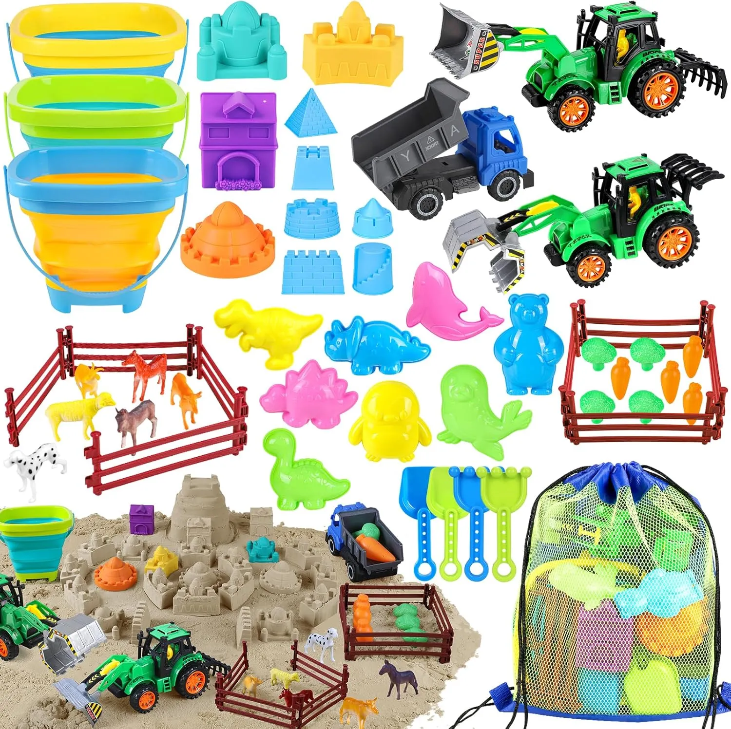 Beach Toys, Farm Playset, Sand Toys with Collapsible Beach Bucket, Take Apart Tractor, Sand Castle Building Kit, Farm Animals, Beach Shovel, Mesh Bag, Indoor Outdoor Toys for Kids Ages 4-8
