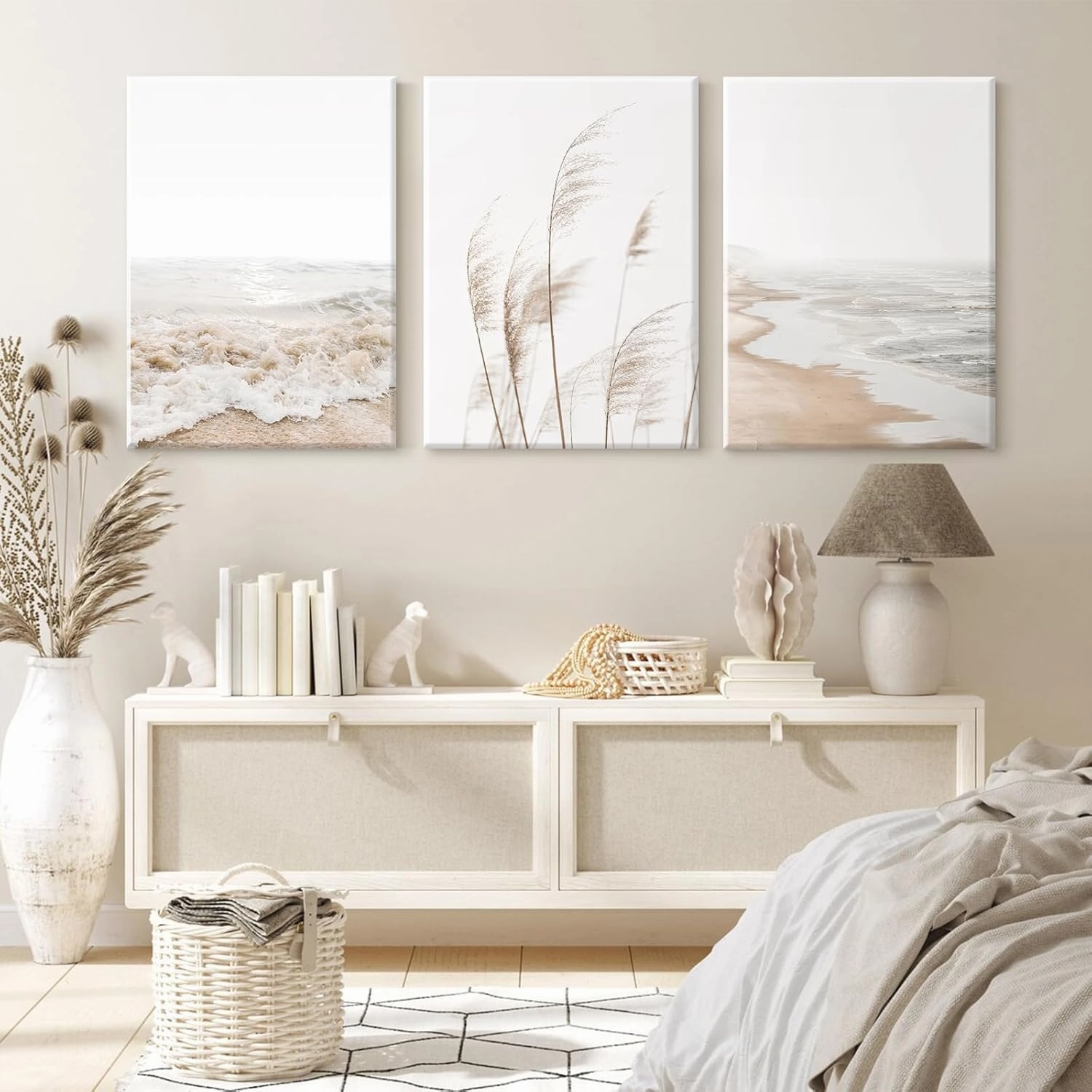 Beach Wall Art Boho Prints Coastal Canvas Wall Art Beach Pictures Pampas Grass Ocean Poster Plant Landscape Beach Scene Artwork for Living Room Bedroom Decor 12x16x3 Inch Wrapped Canvas