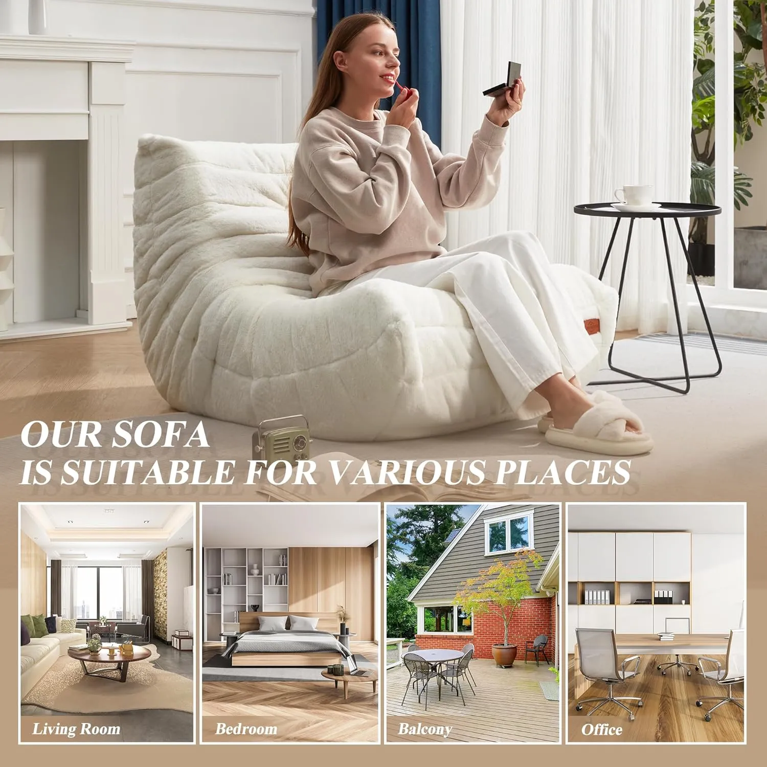 Bean Bag Chair Big Sofa Beanbag Chair for Adults Fireside Chair Bean Bag Lounger with Memory Foam Filled for Home,Apartment or Gaming Venue (White Plush)