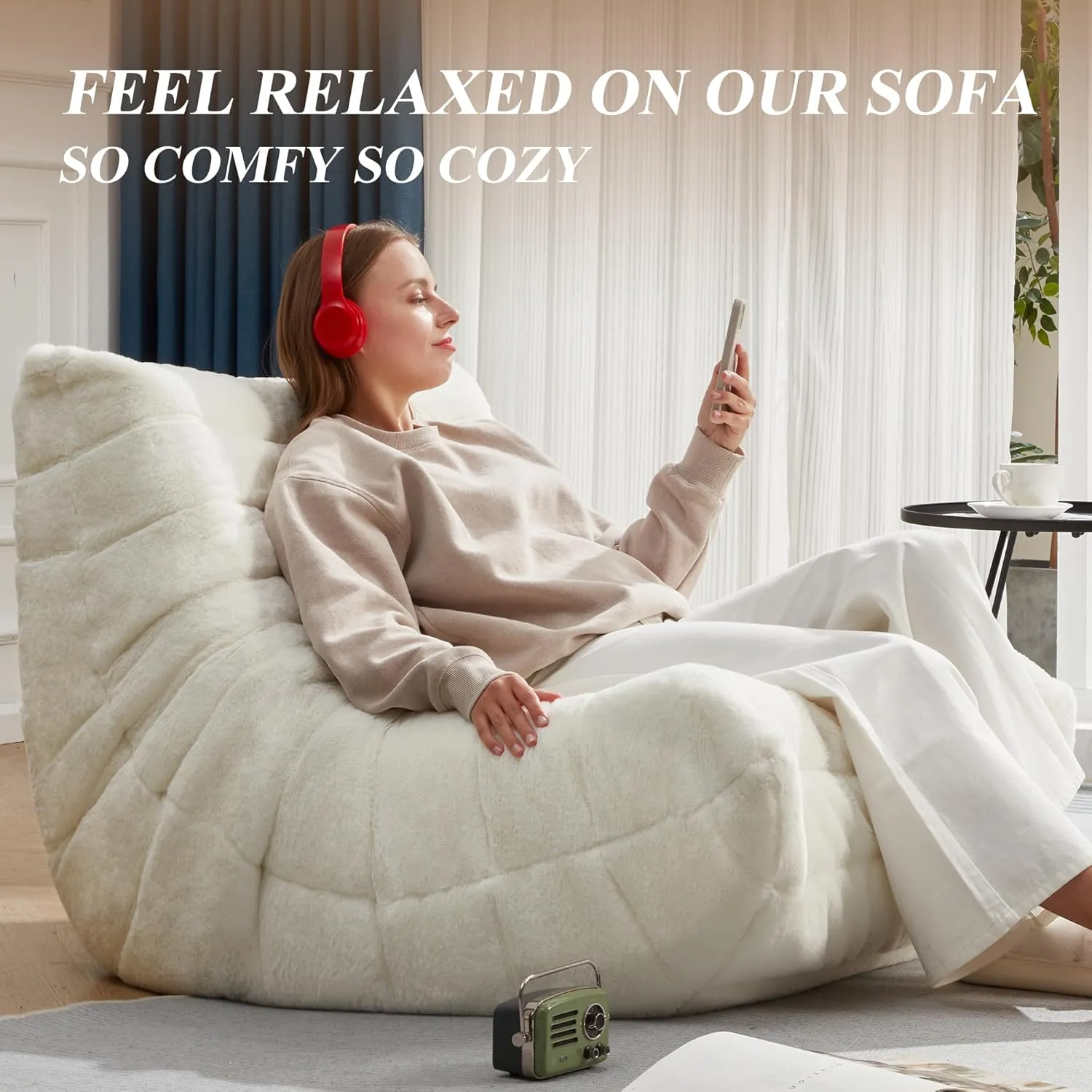 Bean Bag Chair Big Sofa Beanbag Chair for Adults Fireside Chair Bean Bag Lounger with Memory Foam Filled for Home,Apartment or Gaming Venue (White Plush)
