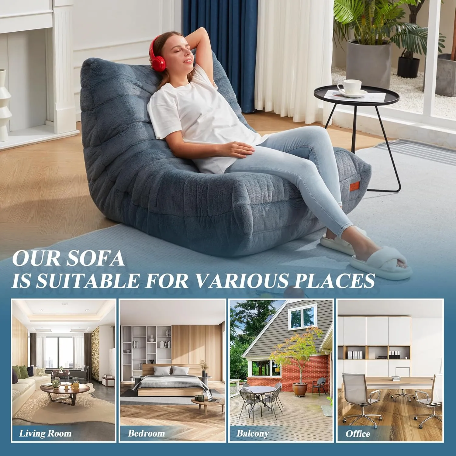 Bean Bag Chair Big Sofa Beanbag Chair for Adults Fireside Chair Bean Bag Lounger with Memory Foam Filled for Home,Apartment or Gaming Venue(Bluegrey Plush)