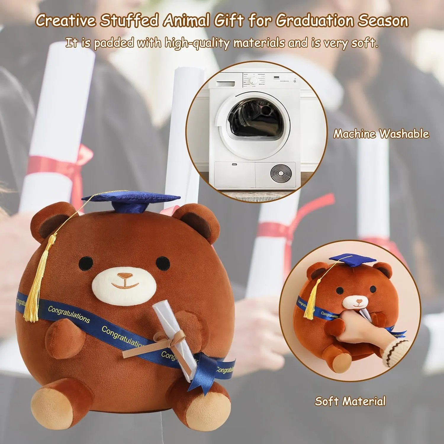 Bear Stuffed Animal Brown Bear Plushie Present Doll Gifts Soft Graduation Plush with Cap for Kids Students Kawaii Celebratory Souvenir 10 Inch