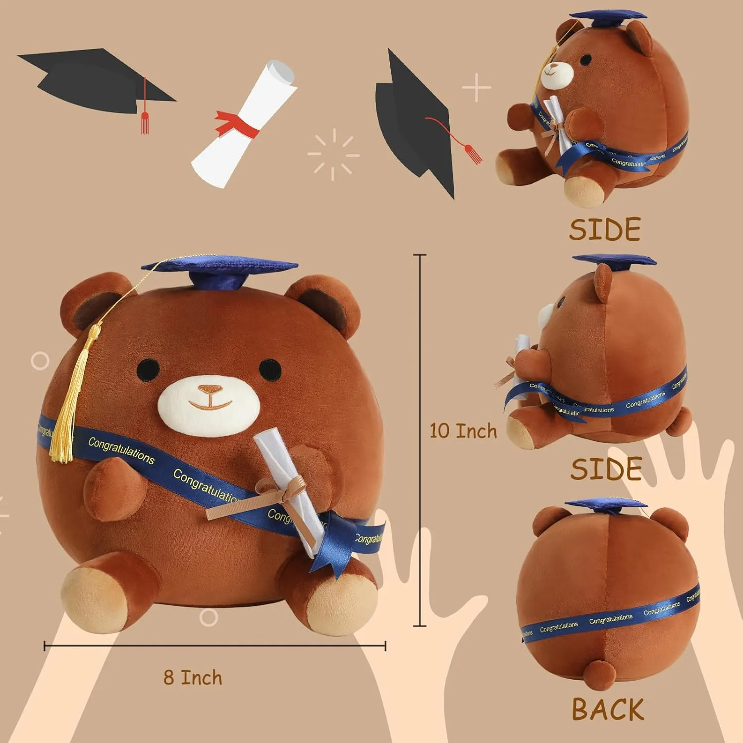 Bear Stuffed Animal Brown Bear Plushie Present Doll Gifts Soft Graduation Plush with Cap for Kids Students Kawaii Celebratory Souvenir 10 Inch