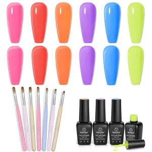 Beetles 6 Colors Jelly Gel Nail Polish Kit, 2023 Jelly Tint Neon Translucent Sheer Red Hot Pink Purple Bright with Gel Nail Brush, 7Pcs Poly Extension Gel Brush, Nail Art Tips Builder Brush