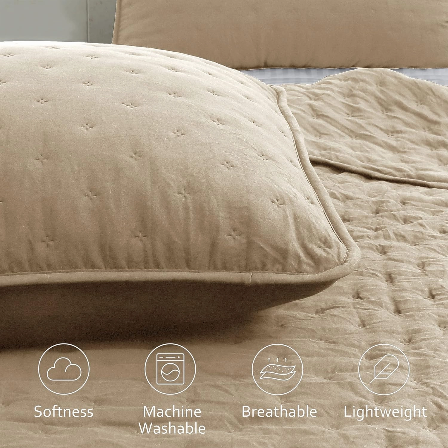 Beige Twin Size Quilt Bedding Sets with Pillow Sham, Lightweight Soft Bedspread Coverlet, Quilted Blanket Thin Comforter Bed Cover, All Season Summer Spring, 2 Pieces, 68x90 inches, Tan Cream