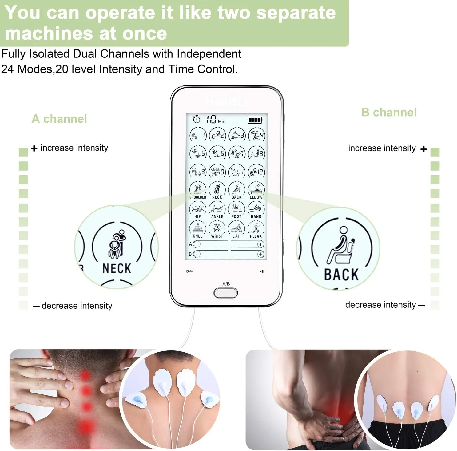 Belifu Tens Unit Muscle Stimulator Independent 24 Modes, Pulse Massager Touchscreen Tens EMS Machine for Neck Back Arms Chronic Pain Relief Sciatica Tendonitis Plantar Body Building