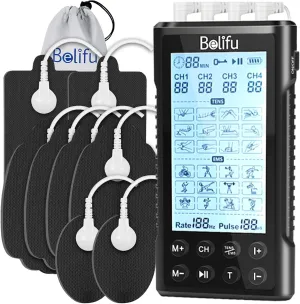 Belifu4 Channel Tens Unit Electro Muscle Stimulator, Fully Isolated with Independent 24 Modes, Rechargeable Pulse Massager with Electrodes Pads for Neck Back Arms Chronic Pain Relief Body Building