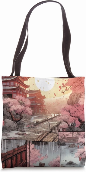 Beneath the Blooms A Scenic Cherry Blossom Comic Landscape Tote Bag