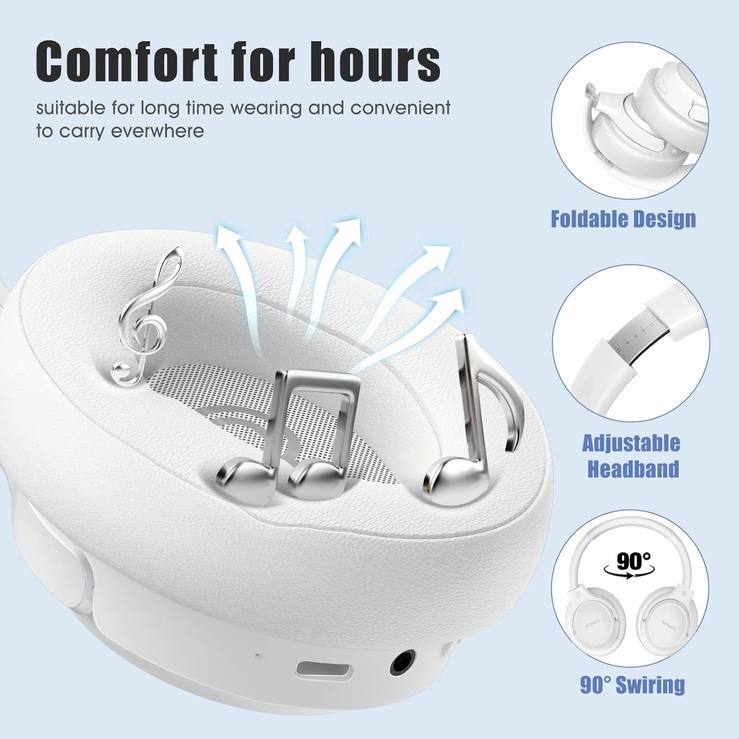 BERIBES Bluetooth Headphones Over Ear, 65H Playtime and 6 EQ Music Modes Wireless Headphones with Microphone (White)