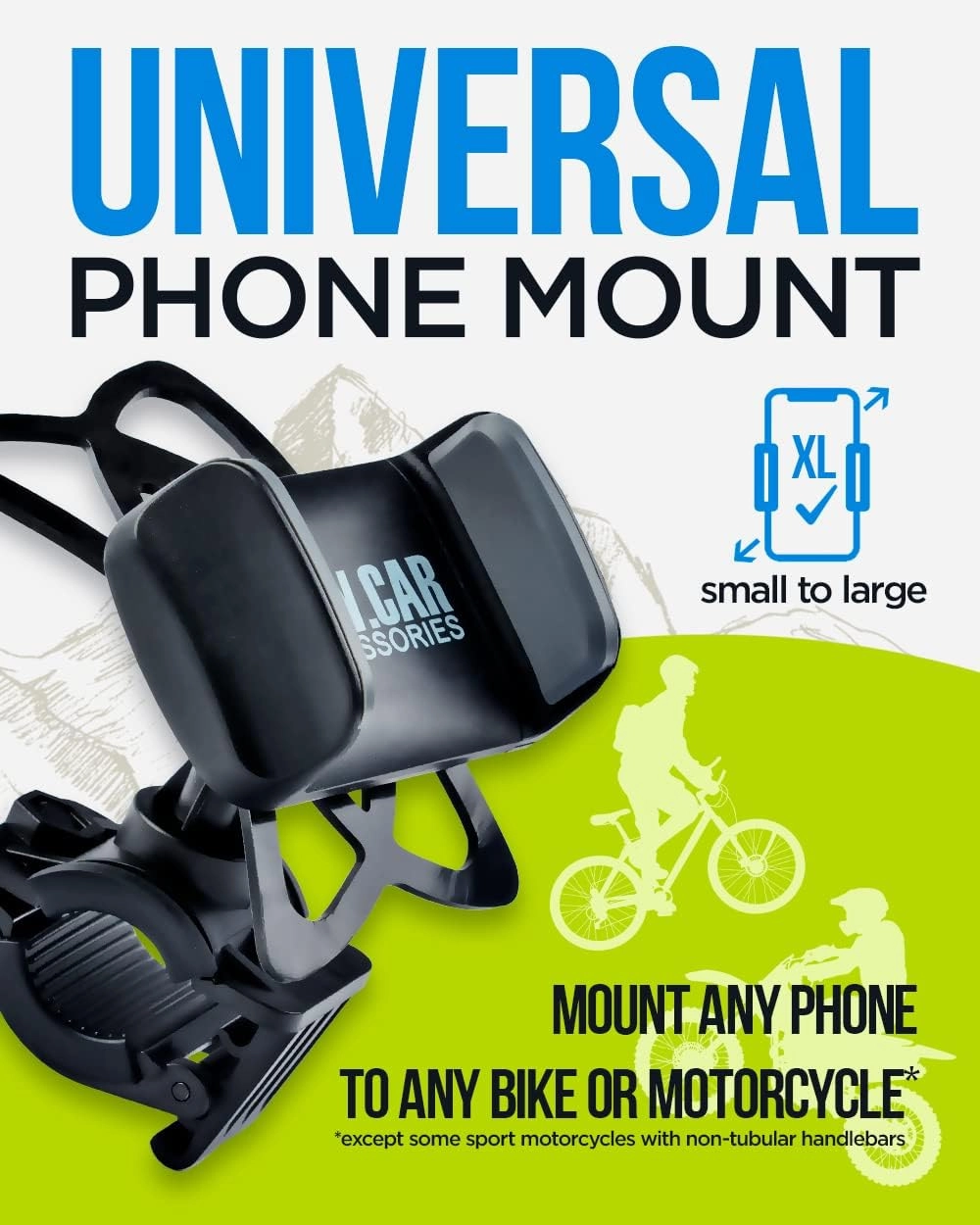 Bike & Motorcycle Phone Mount - for iPhone 14 Pro (13, 12, SE, Plus/Max), Galaxy s22 or Any Cell Phone - Universal Handlebar Holder for ATV, Bicycle & Motorbike.  100 to Safeness & Comfort