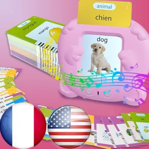 Bilingual English French Flash Cards - Français Talking Flash Cards for Kids, Pocket Speech for Toddlers 3-12, Educational Learning Toy, Audible Gift Play Cards, Autism Sensory Toys (Pink)