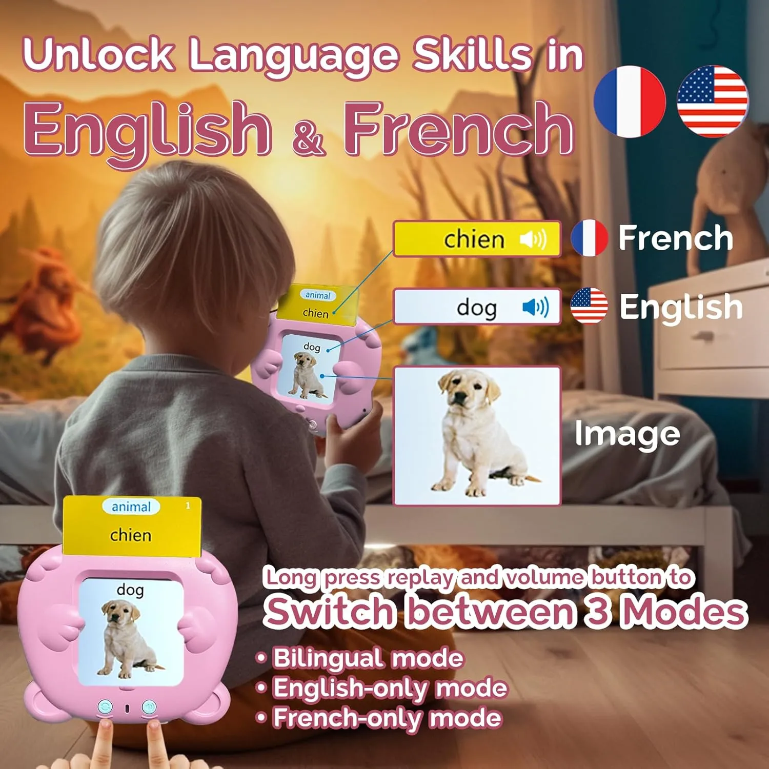 Bilingual English French Flash Cards - Français Talking Flash Cards for Kids, Pocket Speech for Toddlers 3-12, Educational Learning Toy, Audible Gift Play Cards, Autism Sensory Toys (Pink)