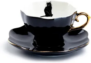 Black Cat Fine Porcelain Tea Cup and Saucer with Hand Painted Gold Trim Halloween, Black White and Gold