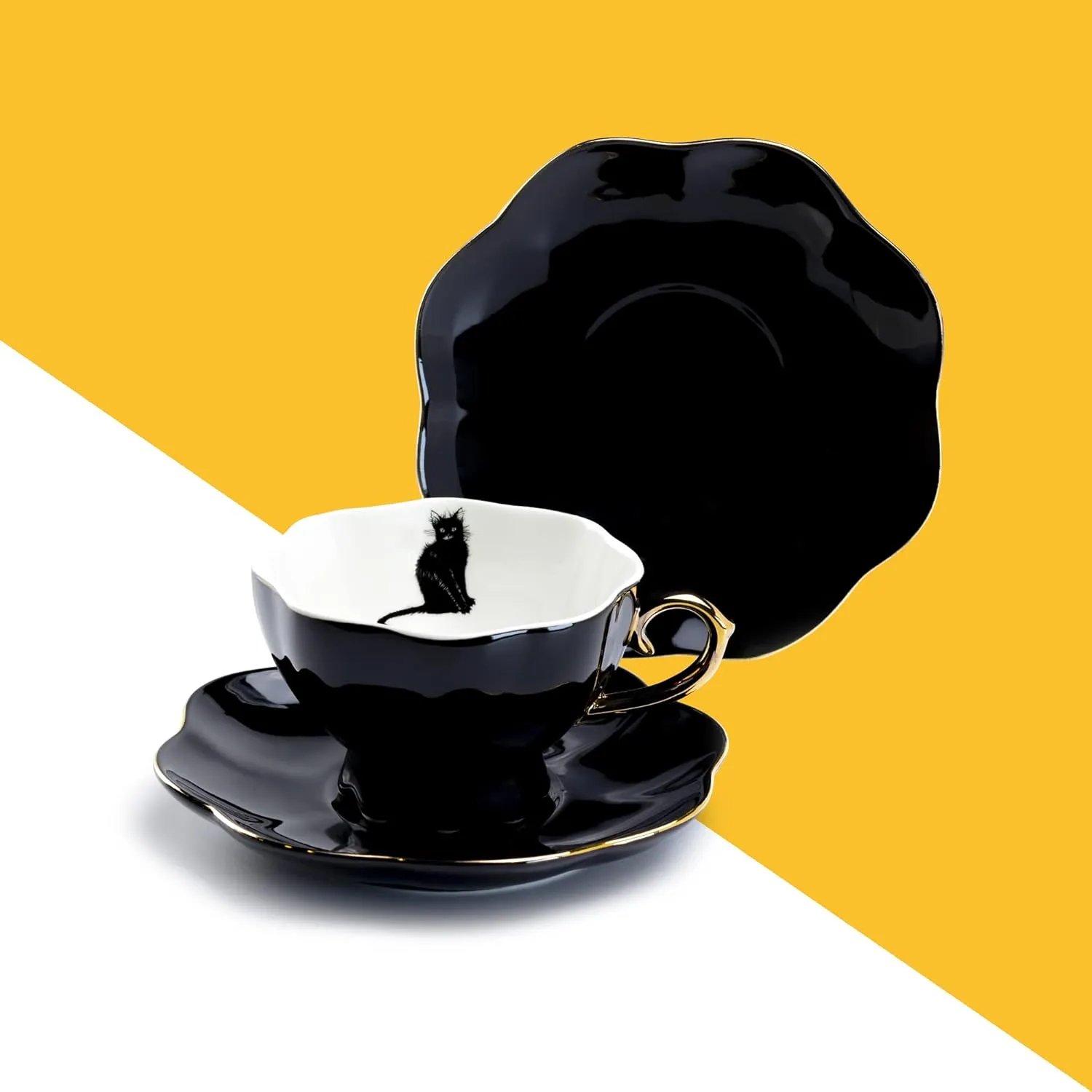 Black Cat Fine Porcelain Tea Cup and Saucer with Hand Painted Gold Trim Halloween, Black White and Gold