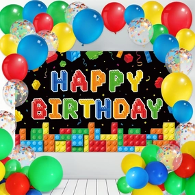Blosssound Building Block Birthday Party Decorations Color Block Backdrop Banner Decor 114 Pcs Brick Theme Balloons Arch Kit for Men Women Building Party Favors Supplies
