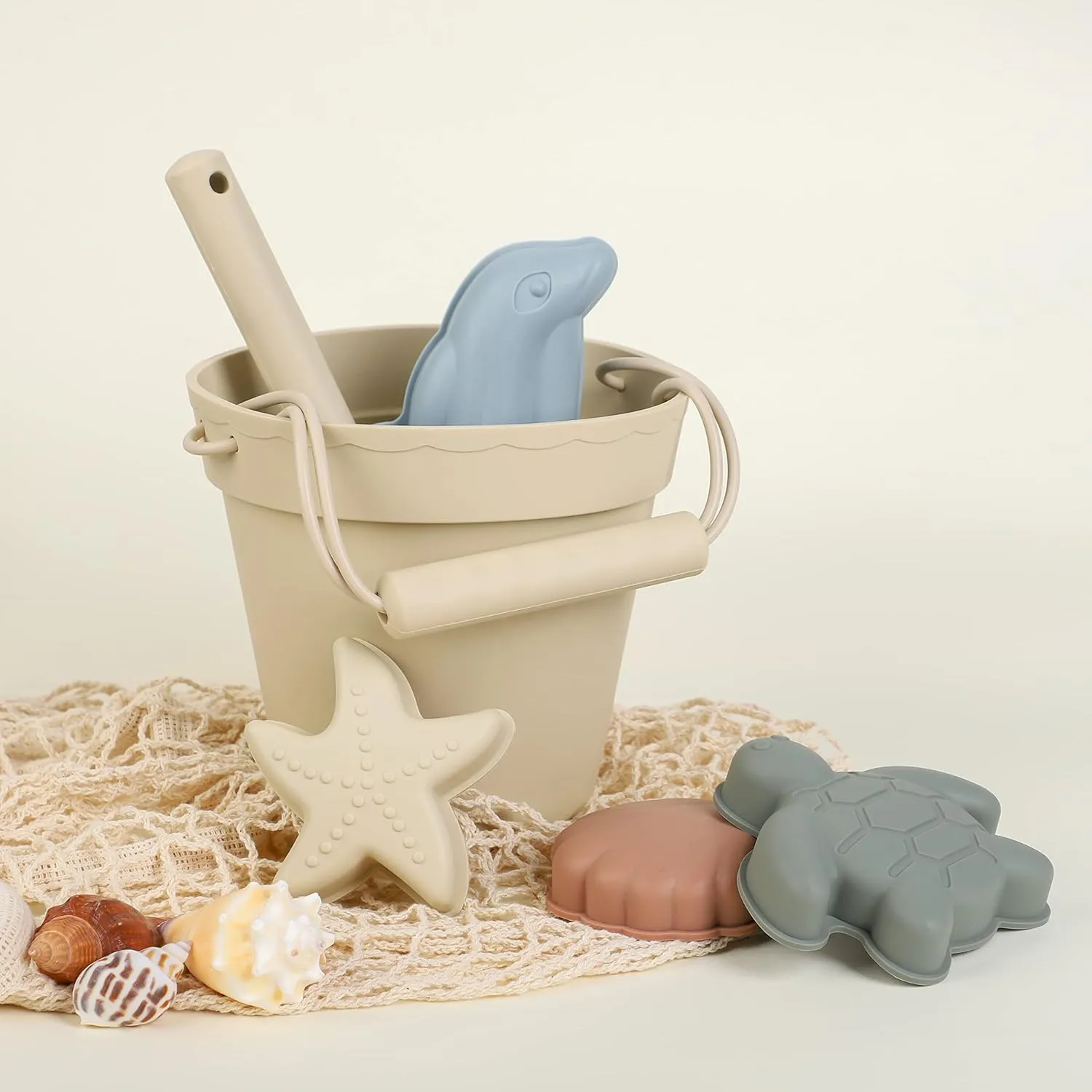 BLUE GINKGO Silicone Beach Toys - Modern Baby Travel Friendly Beach Set | Bucket, Shovel, 4 Sand Molds, Bag | Sand Toys for Toddlers, Kids - 7pc (Beige)