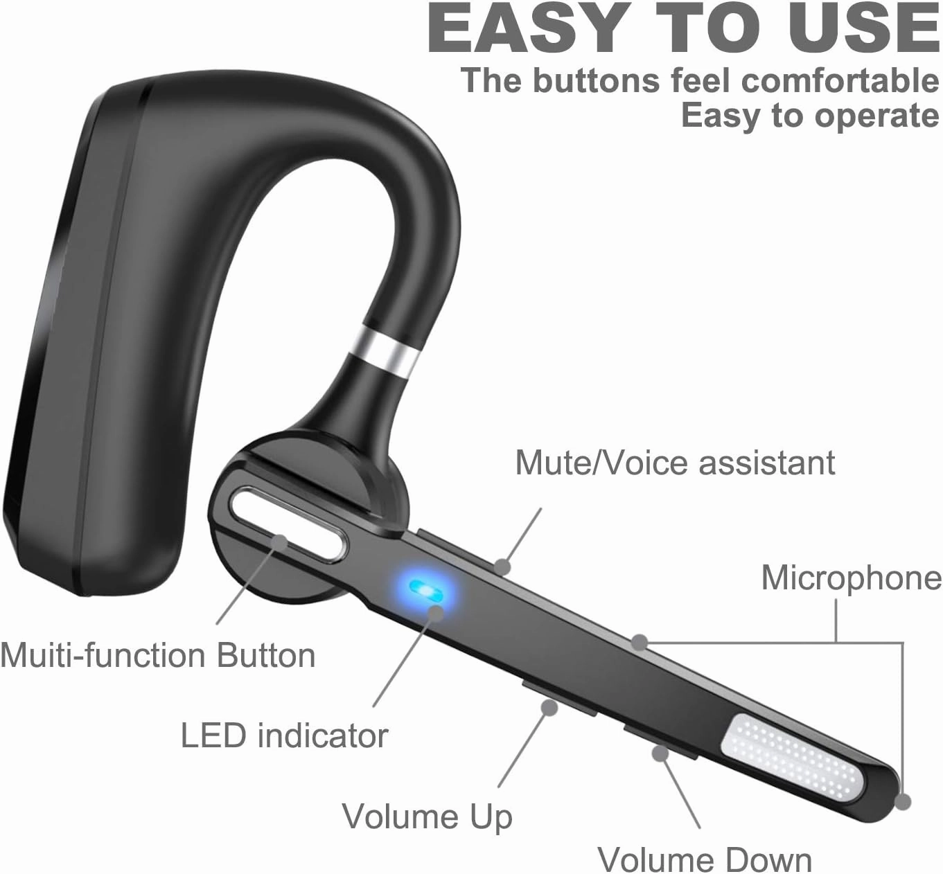 Bluetooth Headset V5.0, Wireless Bluetooth Earpiece 24Hrs HD Calling,CVC8.0 Dual Mic Noise Cancelling, Hands-Free Bluetooth Earphone for Driving/Business/Office