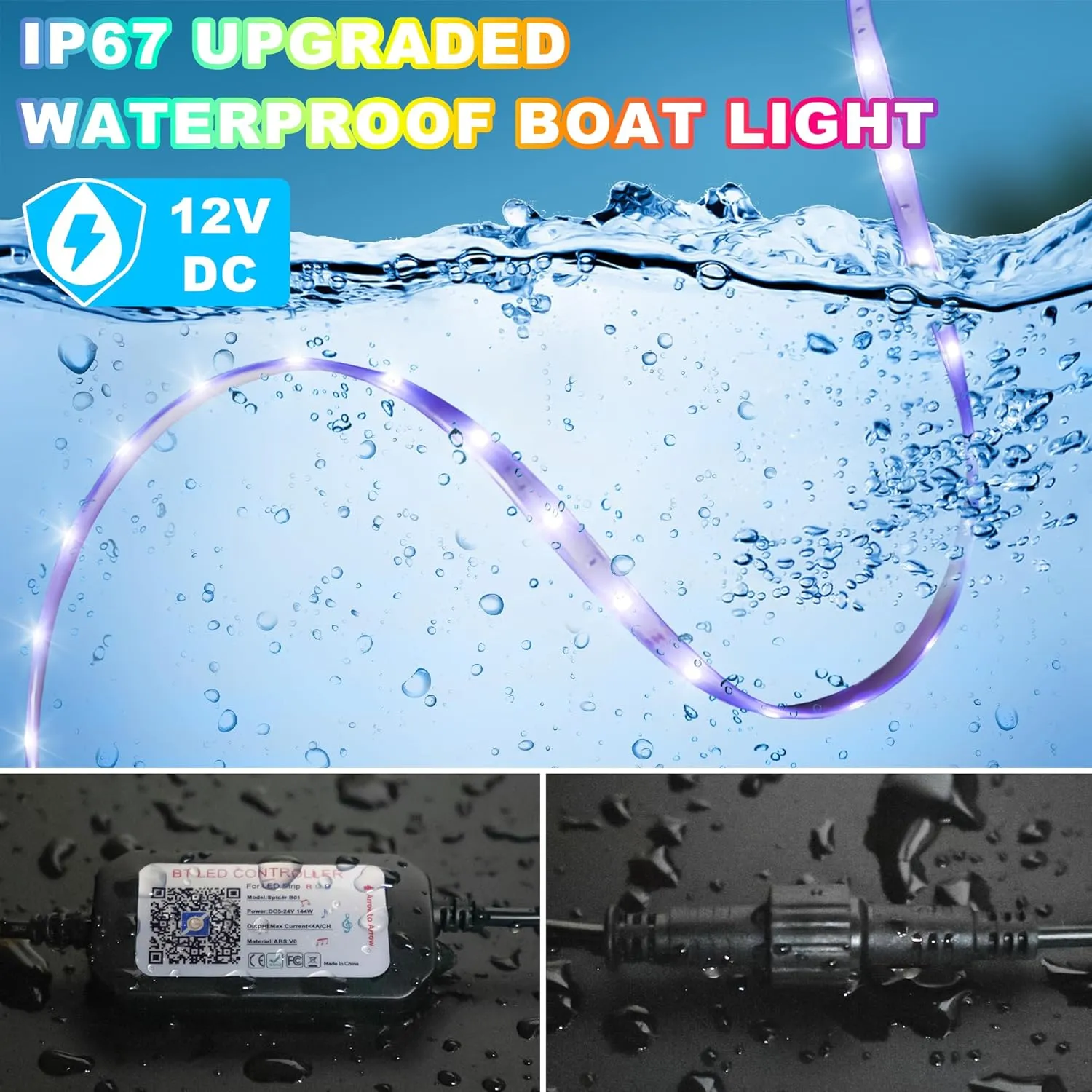 Boat Lights Led Waterproof 33FT, 12V RGB Marine LED Strip Exterior, IP67 Pontoon Boat Lights Interior with App for Pontoon, Bass, Deck, RV, Fishing Kayak