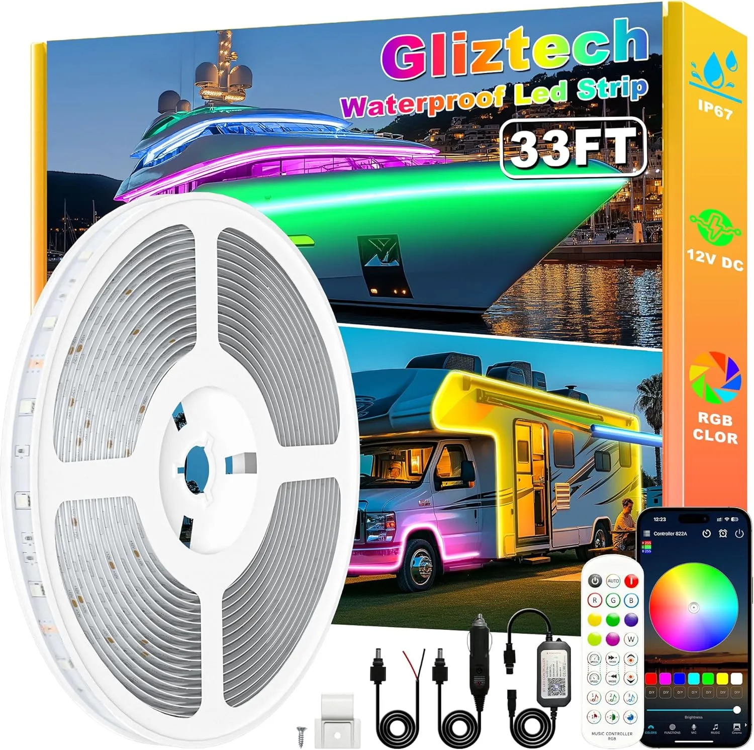 Boat Lights Led Waterproof 33FT, 12V RGB Marine LED Strip Exterior, IP67 Pontoon Boat Lights Interior with App for Pontoon, Bass, Deck, RV, Fishing Kayak