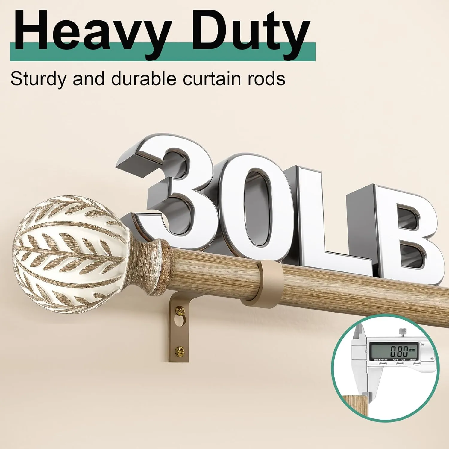 Boho Wood Curtain Rods for Windows 48 to 84 inch, 1" Adjustable Heavy Duty Window Curtain Rod with Imitation Wood Grain Finials,Rustic Decorative Drapery Rods Set,Size:36-88''