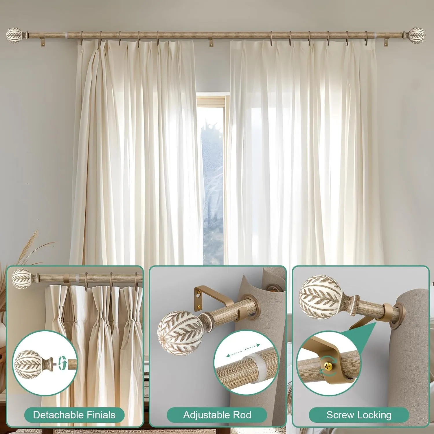 Boho Wood Curtain Rods for Windows 48 to 84 inch, 1" Adjustable Heavy Duty Window Curtain Rod with Imitation Wood Grain Finials,Rustic Decorative Drapery Rods Set,Size:36-88''
