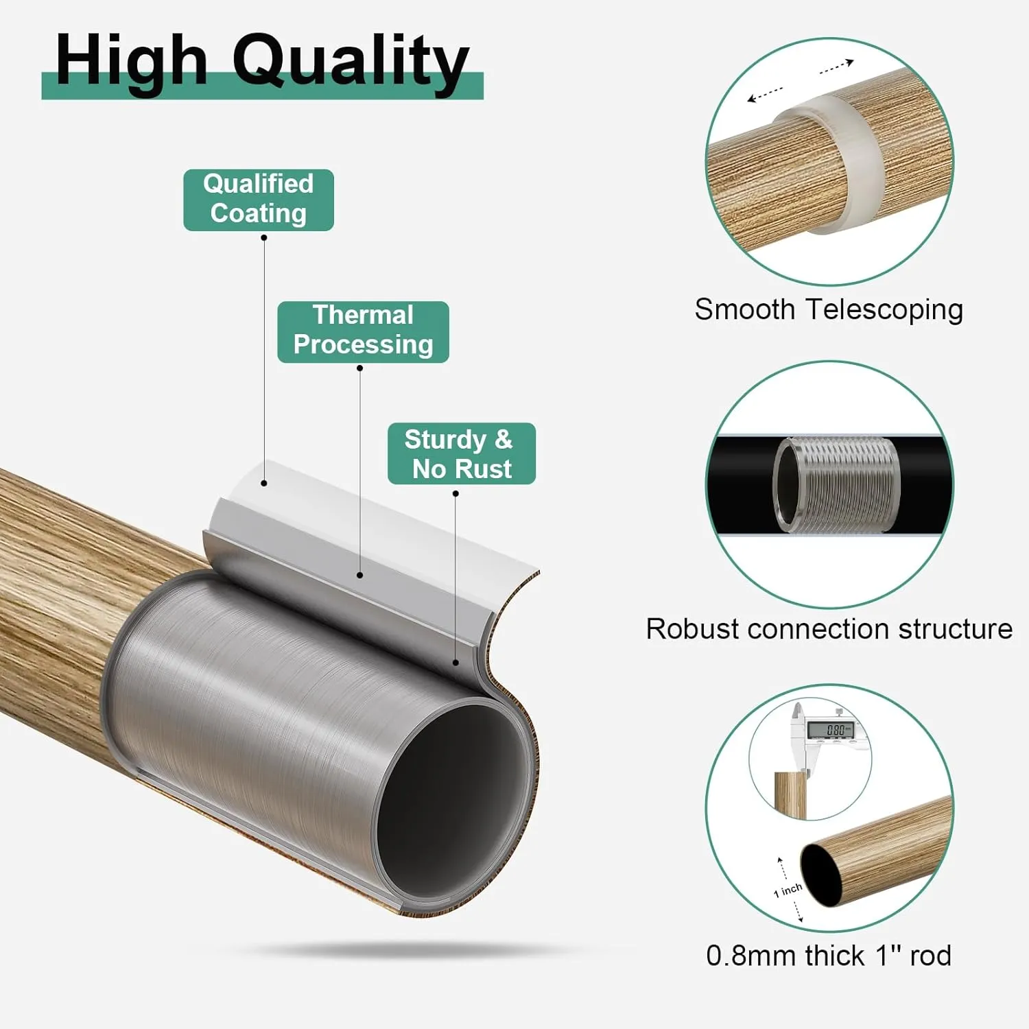 Boho Wood Curtain Rods for Windows 48 to 84 inch, 1" Adjustable Heavy Duty Window Curtain Rod with Imitation Wood Grain Finials,Rustic Decorative Drapery Rods Set,Size:36-88''
