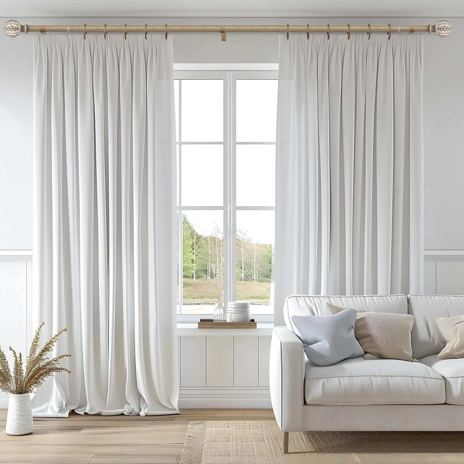 Boho Wood Curtain Rods for Windows 48 to 84 inch, 1" Adjustable Heavy Duty Window Curtain Rod with Imitation Wood Grain Finials,Rustic Decorative Drapery Rods Set,Size:36-88''