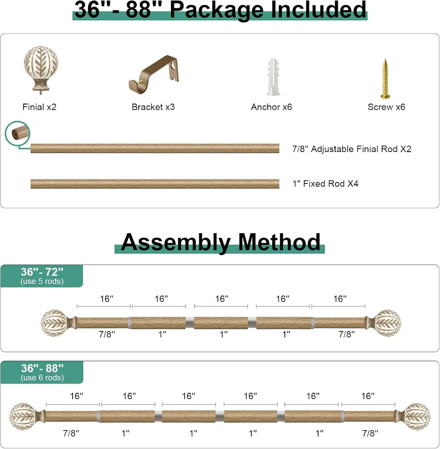 Boho Wood Curtain Rods for Windows 48 to 84 inch, 1" Adjustable Heavy Duty Window Curtain Rod with Imitation Wood Grain Finials,Rustic Decorative Drapery Rods Set,Size:36-88''