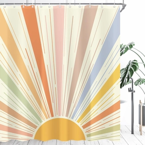 Boho Colorful Sun Shower Curtain 60"X72" Retro 70s Abstract Shower Curtain Set for Bathroom Sunrise Vintage Waterproof Bathtub Curtain Sunshine Hippie Mid Century Aesthetic Bathroom Curtain