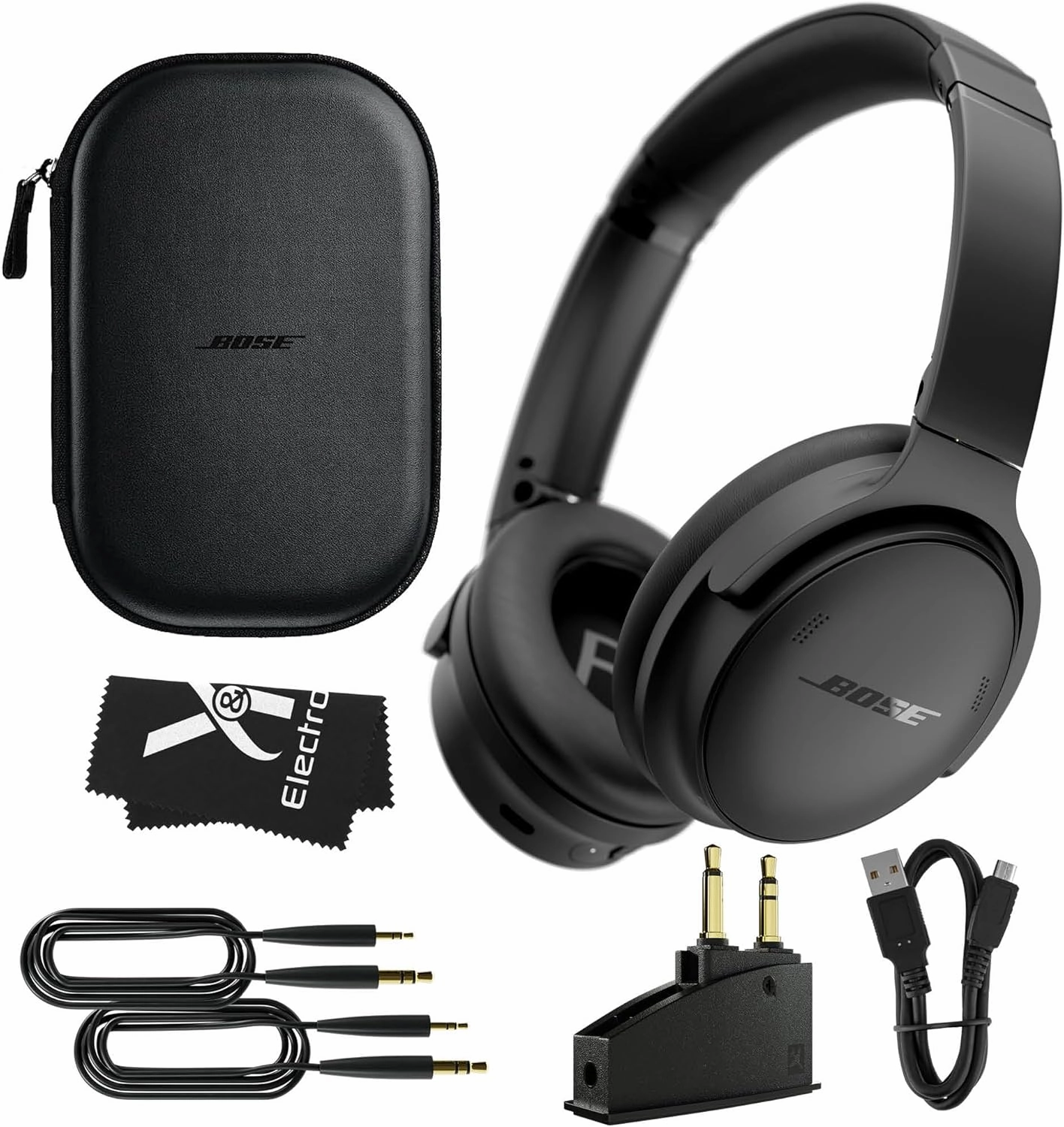 Bose QuietComfort Bundle with QC15 Airplane Jack Adapter and Cable - Wireless Over-Ear Bluetooth Bose Headphones - Noise Cancelling Headphones with Up to 24 Hours of Battery Life (Black)