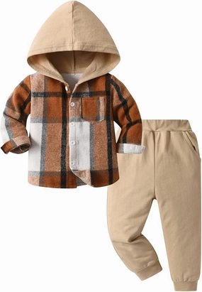 Boys Clothing Sets Toddler Plaid Outfits Flannel Hooded Shirts   Sweatpants Kids Spring Clothes Set