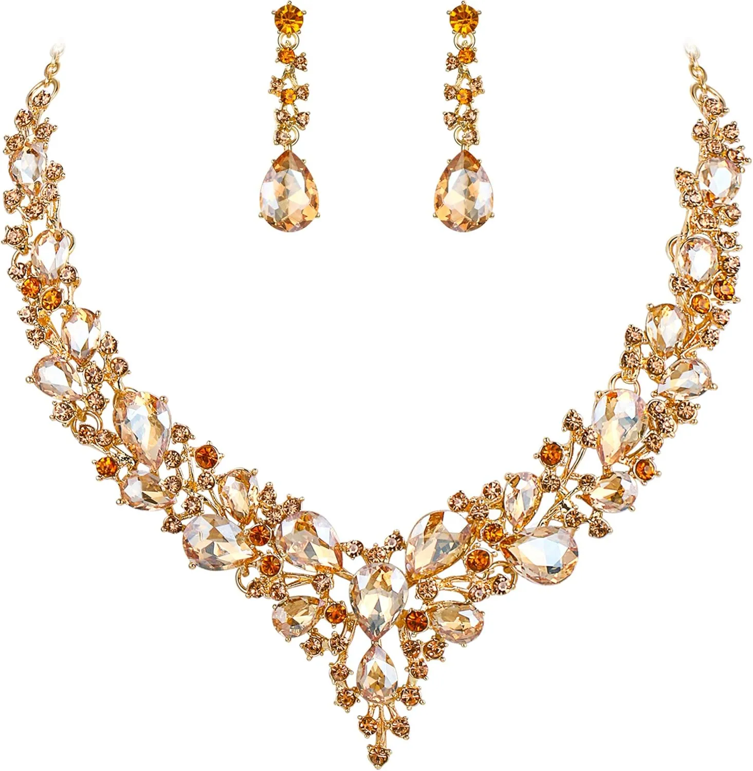 BriLove Women's Wedding Bridal Austrian Crystal Teardrop Cluster Statement Necklace Dangle Earrings Jewelry Set