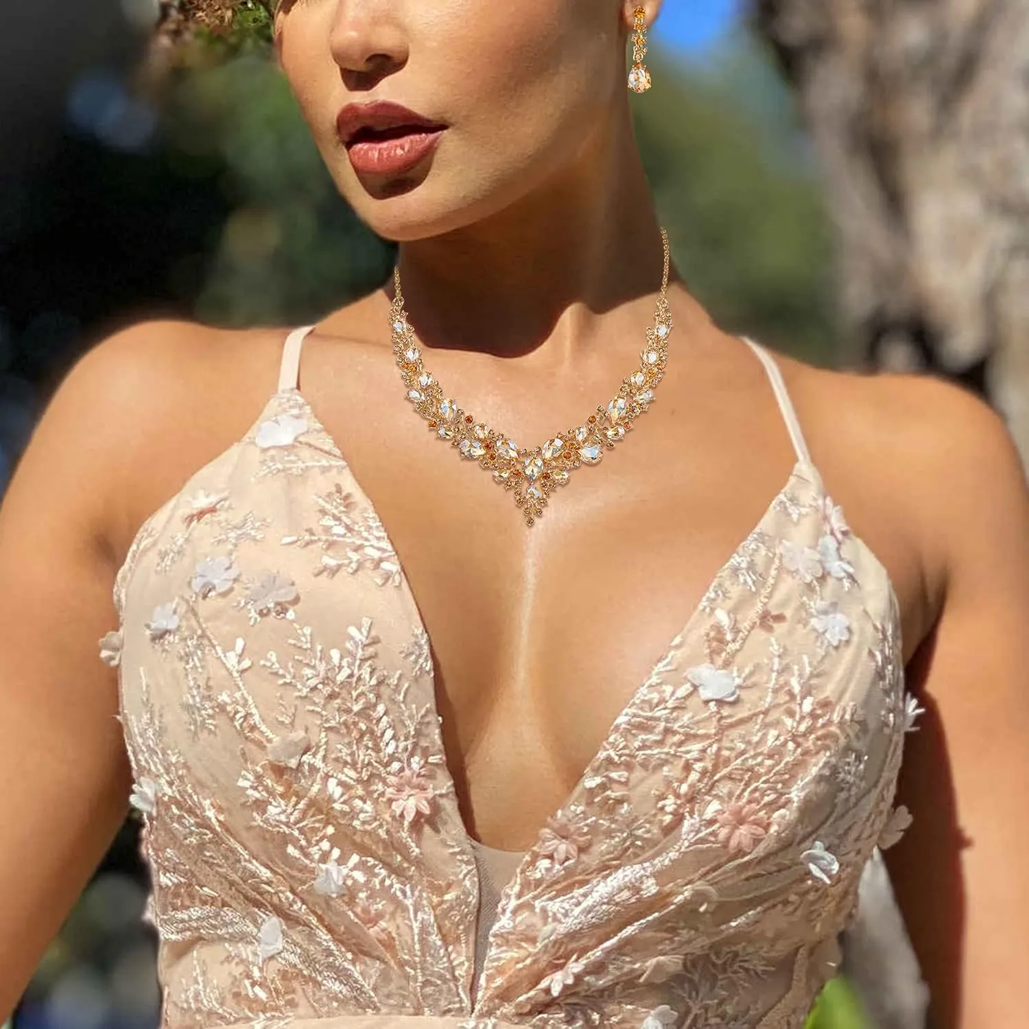 BriLove Women's Wedding Bridal Austrian Crystal Teardrop Cluster Statement Necklace Dangle Earrings Jewelry Set