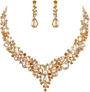 BriLove Women's Wedding Bridal Austrian Crystal Teardrop Cluster Statement Necklace Dangle Earrings Jewelry Set