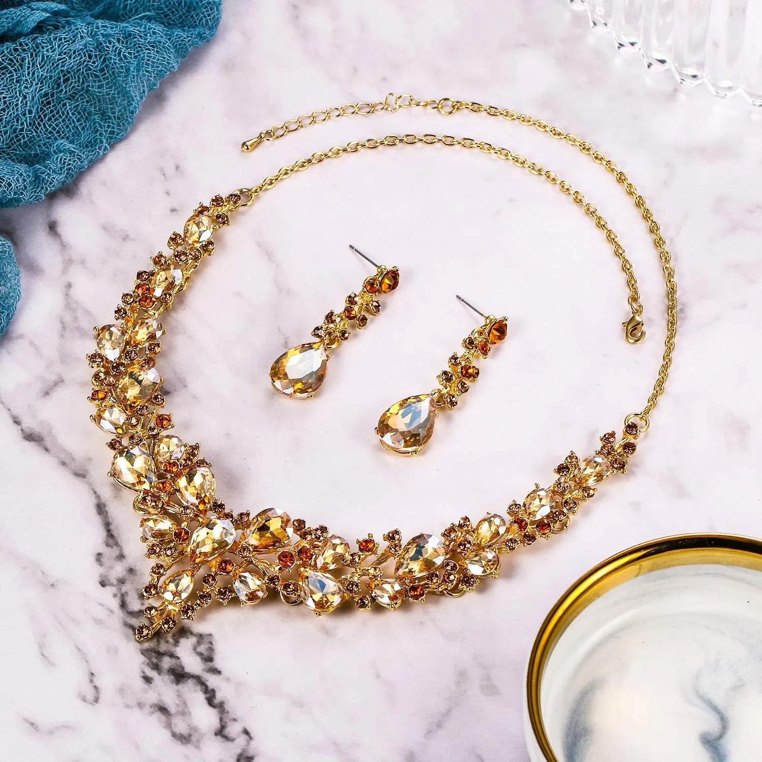 BriLove Women's Wedding Bridal Austrian Crystal Teardrop Cluster Statement Necklace Dangle Earrings Jewelry Set