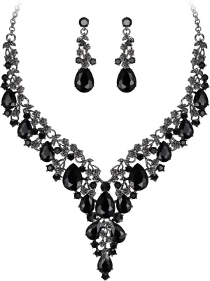 BriLove Women's Wedding Bridal Austrian Crystal Teardrop Flower Cluster Statement Necklace Dangle Earrings Jewelry Set for Party Prom