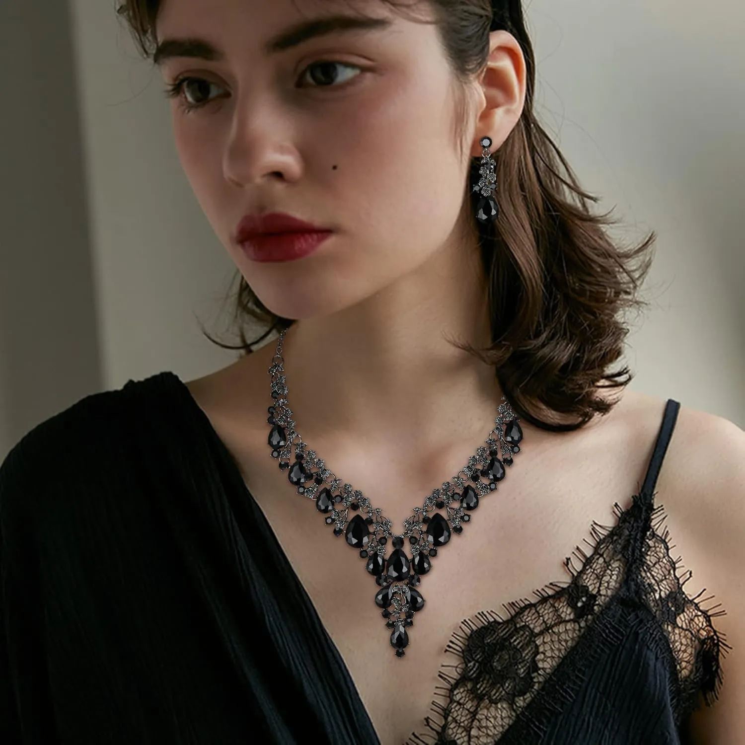 BriLove Women's Wedding Bridal Austrian Crystal Teardrop Flower Cluster Statement Necklace Dangle Earrings Jewelry Set for Party Prom