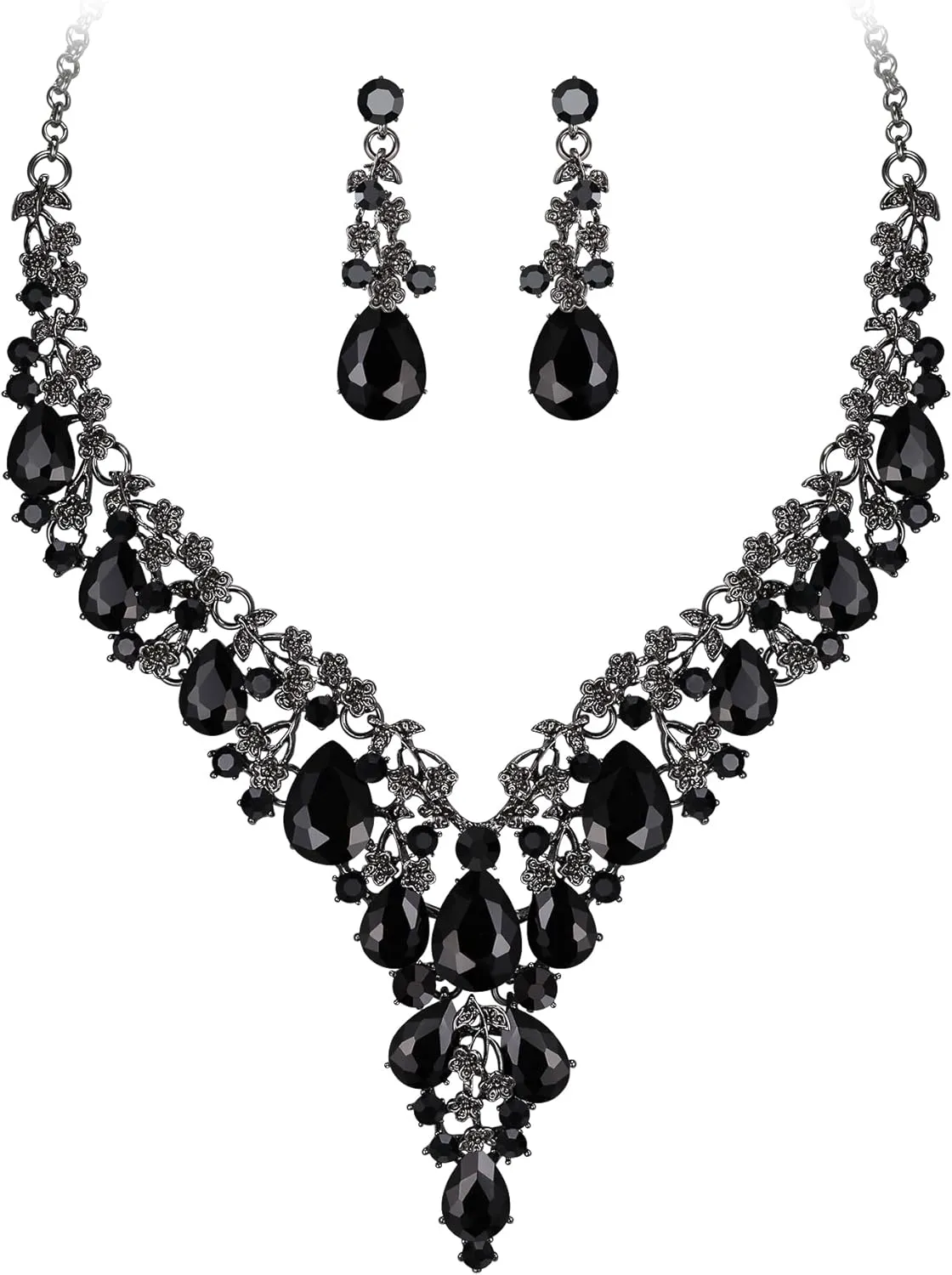 BriLove Women's Wedding Bridal Austrian Crystal Teardrop Flower Cluster Statement Necklace Dangle Earrings Jewelry Set for Party Prom