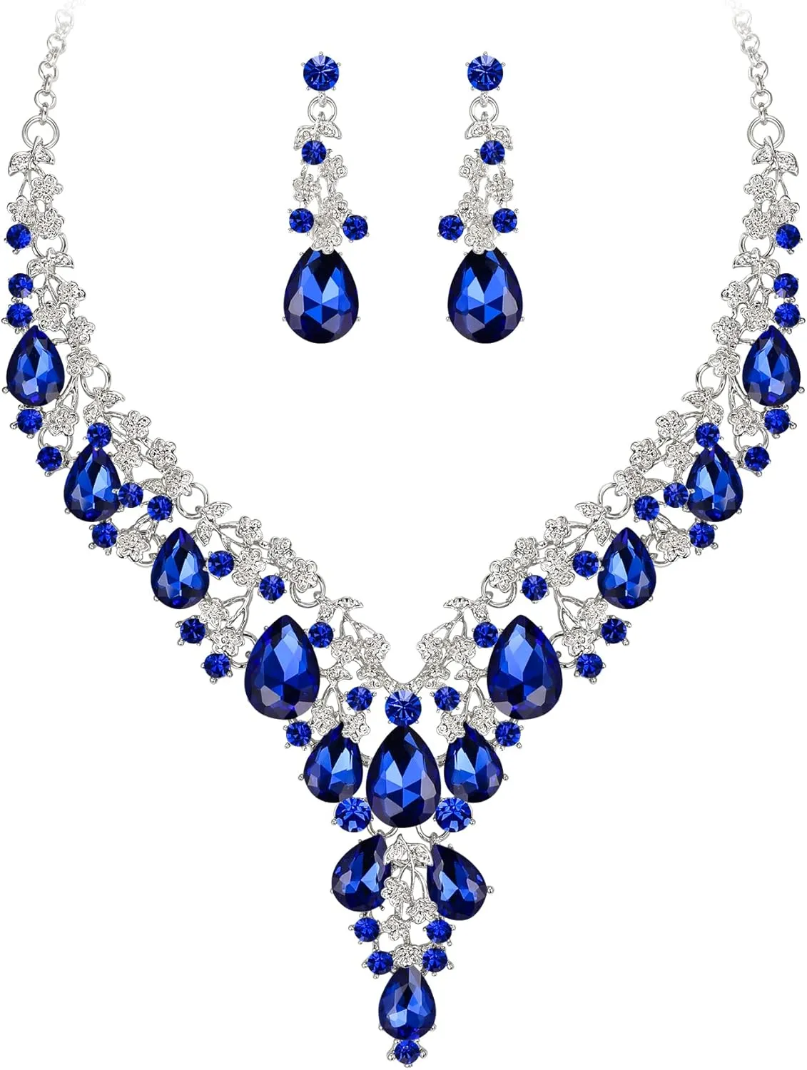 BriLove Women's Wedding Bridal Austrian Crystal Teardrop Flower Cluster Statement Necklace Dangle Earrings Jewelry Set for Party Prom