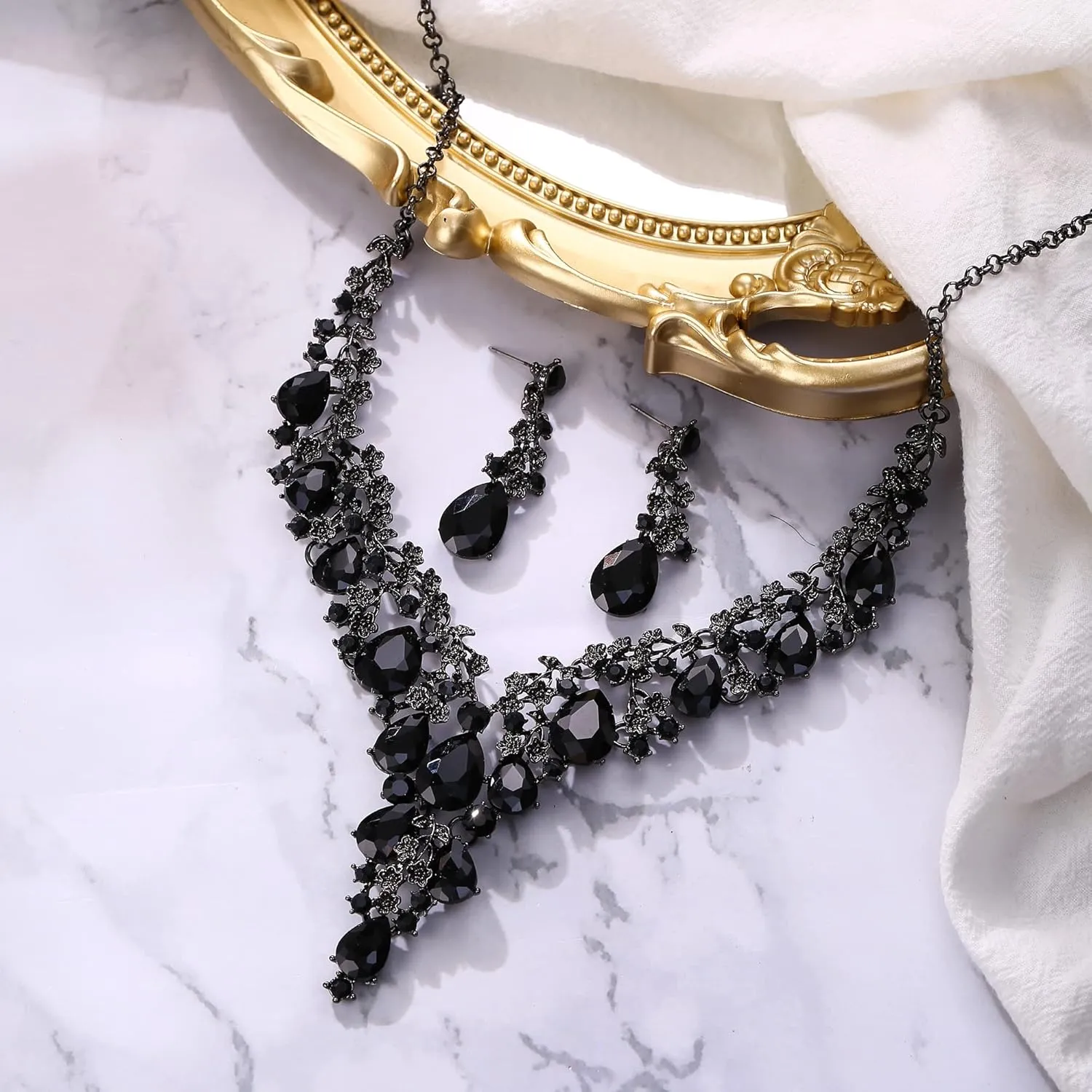 BriLove Women's Wedding Bridal Austrian Crystal Teardrop Flower Cluster Statement Necklace Dangle Earrings Jewelry Set for Party Prom