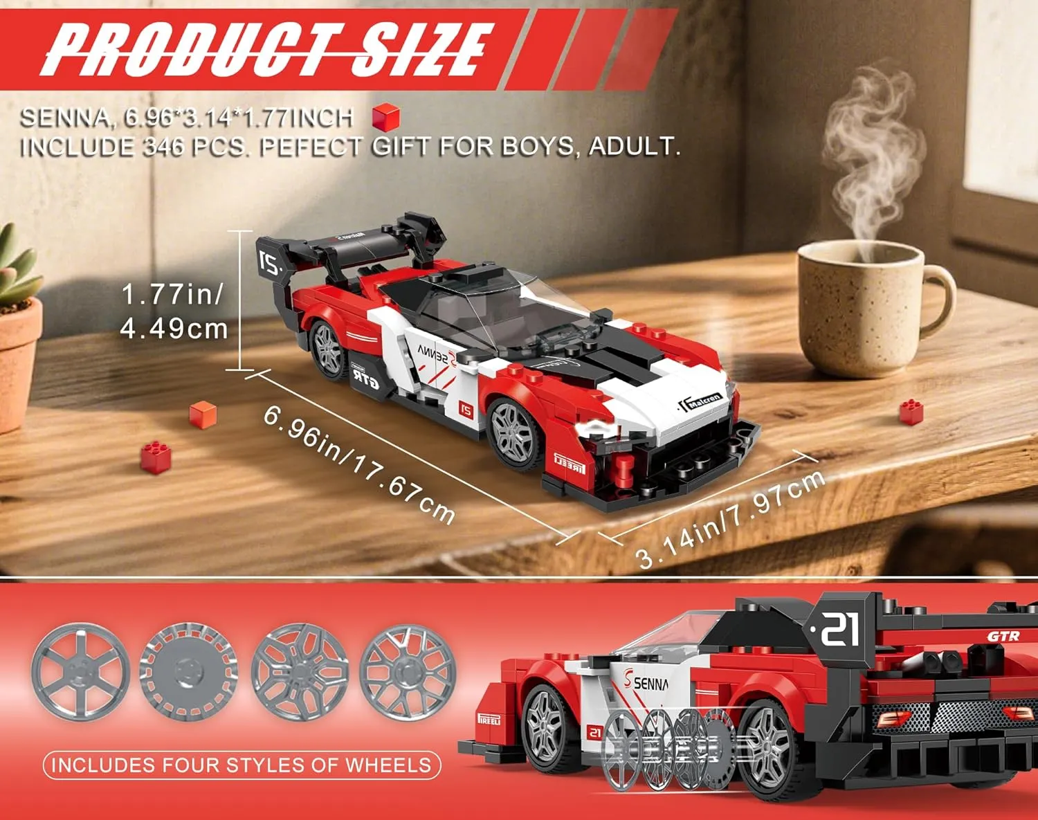 Building-Set Race-Car, Senna Sports Car Technial Model Kit, Track-Style Super Speed Block with 4 Swappable Wheel Rim, Birthday Gift Toy for Boy Teen Adult Age 8-12 Year Kid, DIY Display