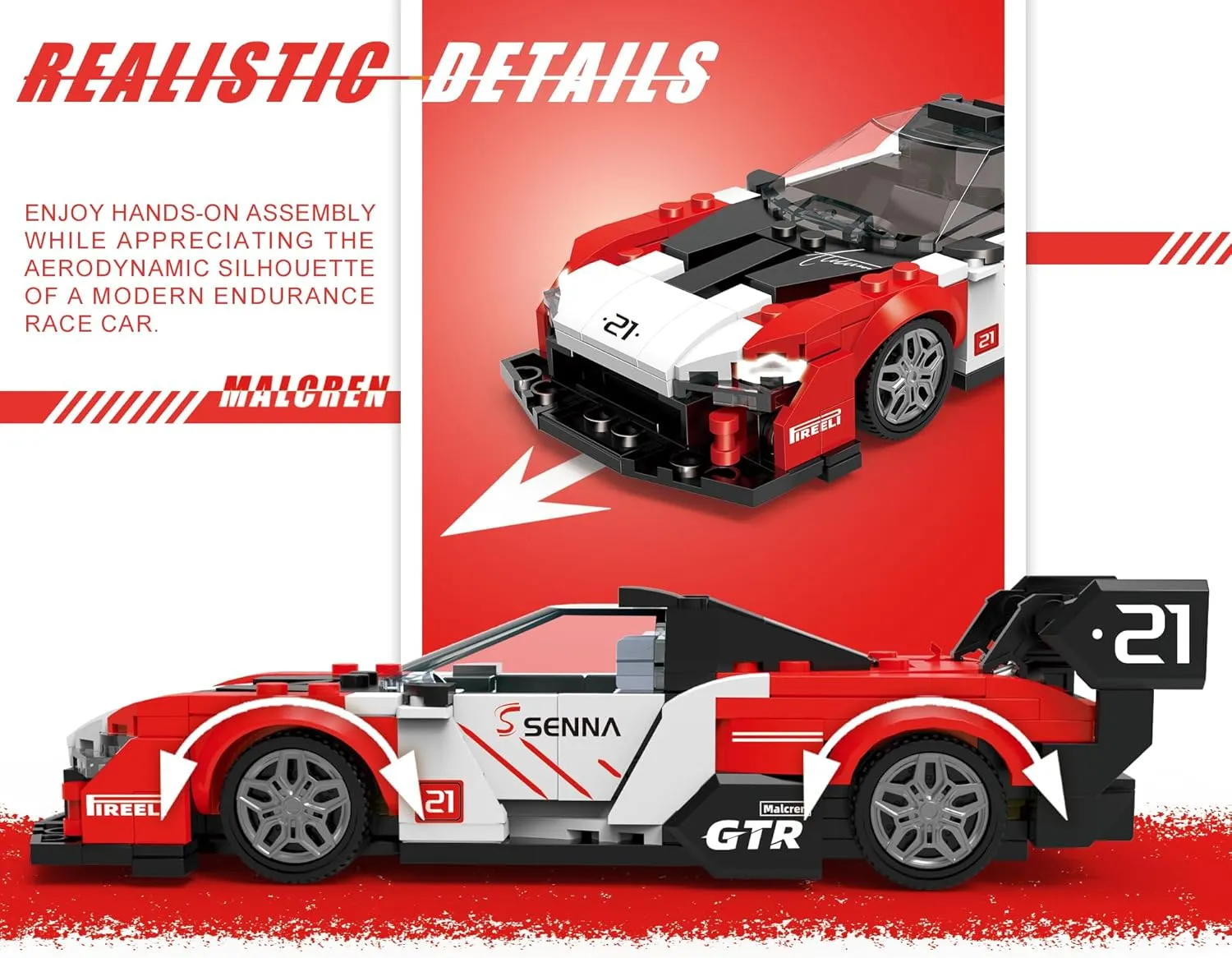 Building-Set Race-Car, Senna Sports Car Technial Model Kit, Track-Style Super Speed Block with 4 Swappable Wheel Rim, Birthday Gift Toy for Boy Teen Adult Age 8-12 Year Kid, DIY Display