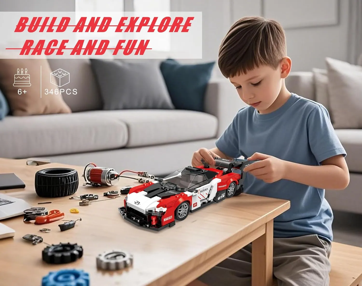 Building-Set Race-Car, Senna Sports Car Technial Model Kit, Track-Style Super Speed Block with 4 Swappable Wheel Rim, Birthday Gift Toy for Boy Teen Adult Age 8-12 Year Kid, DIY Display